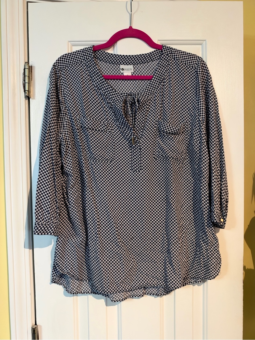 STYLUS Navy and White Geometric Tie-Neck Blouse - Women's